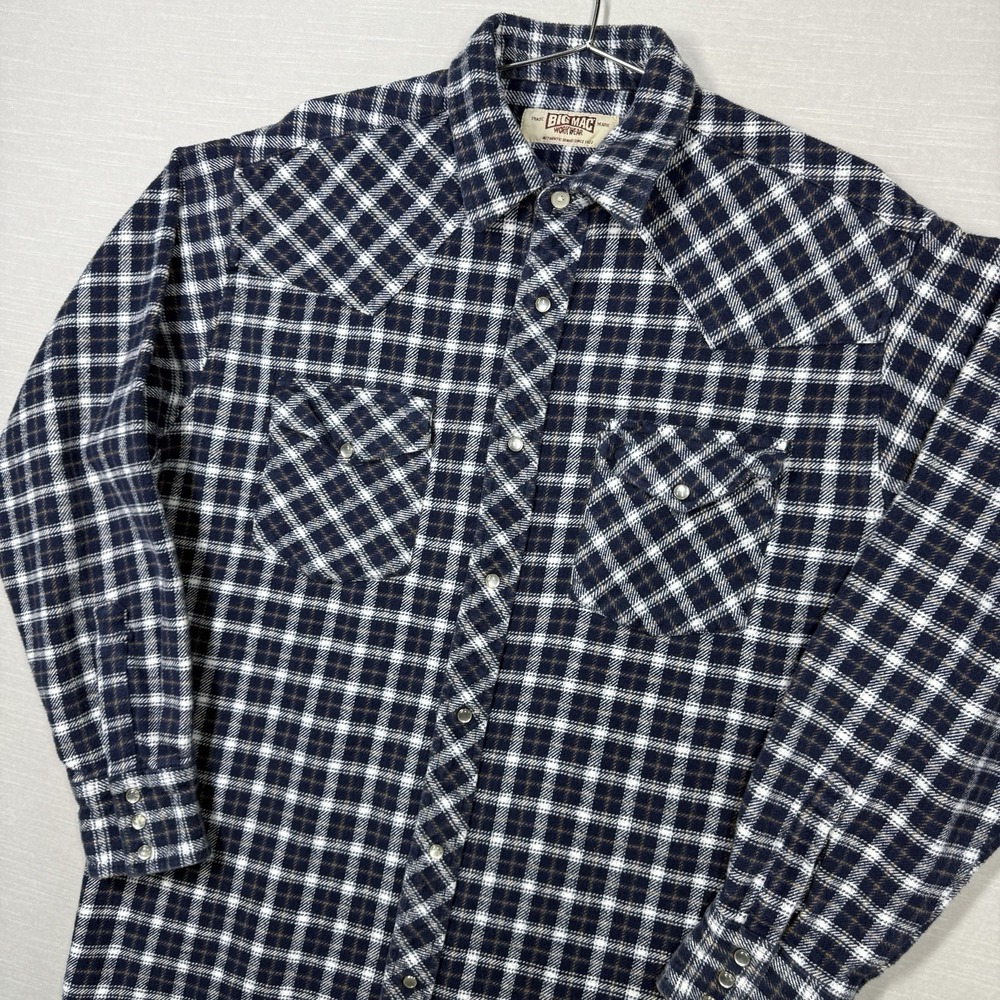 Vintage Big Mac Flannel Pearl Snap Shirt Men Large Tall Blue White Western Plaid
